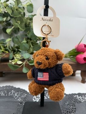 Natasha Teddy Bear Bag Charm Keychain Cute Plush Viral American Flag Sweater